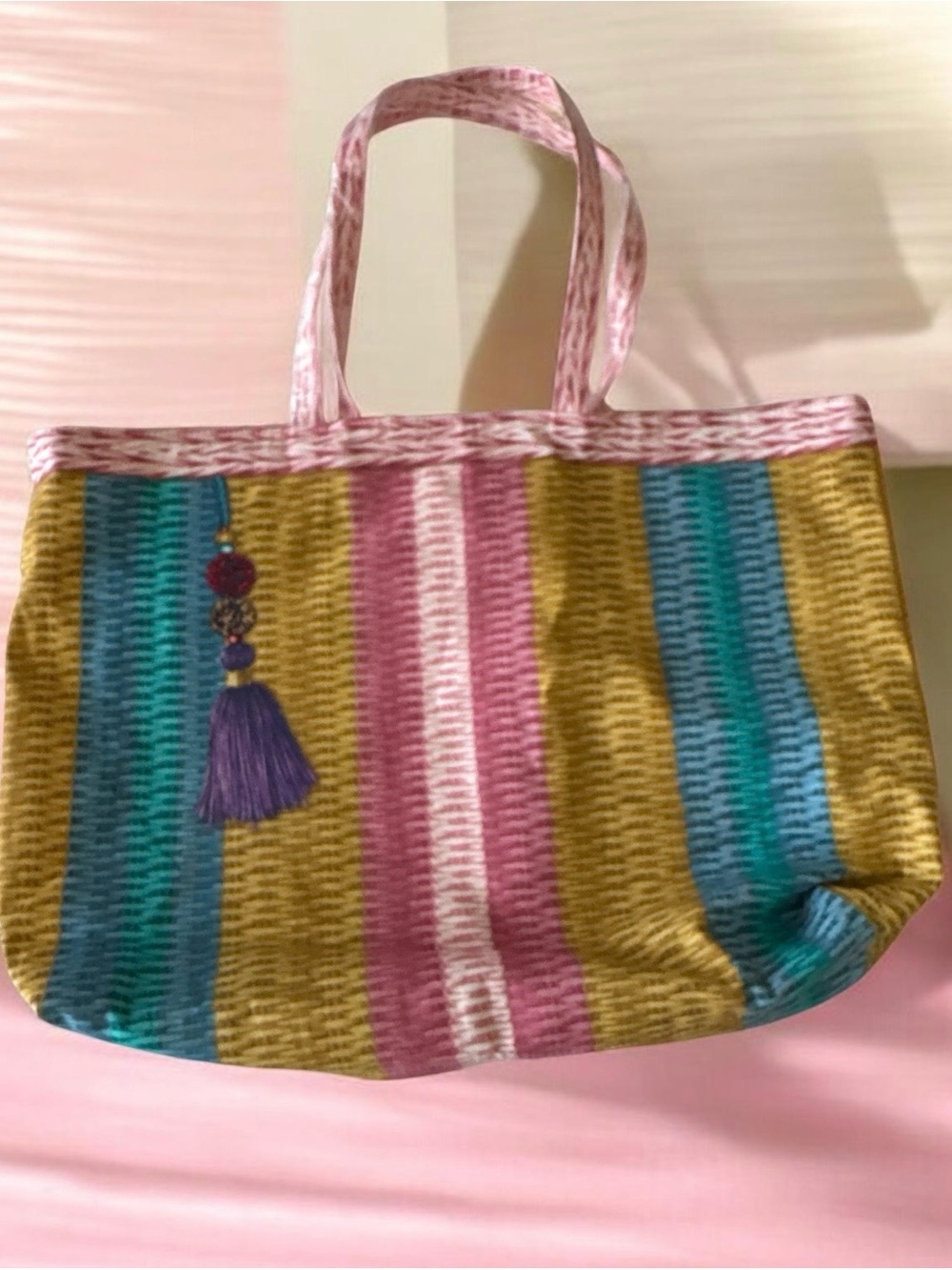Colorful Striped Tote Bag with Tassel - Pink, Teal, Mustard